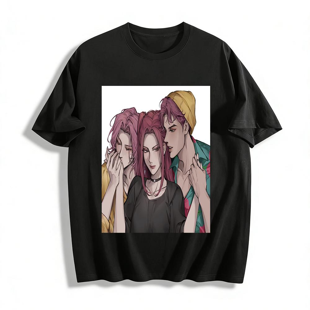 

Trendy Anime Style Casual Top With Pink-haired Trio Print Loose Fit Unisex Daily Wear Pure cotton T-shirt 6XL