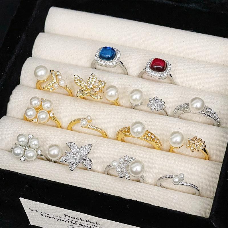 Blumenperlenring Mikroeinlage Zirkon Nischen-Design Leichter Luxus Hochwertiger Ring Offener Zeigefingerring