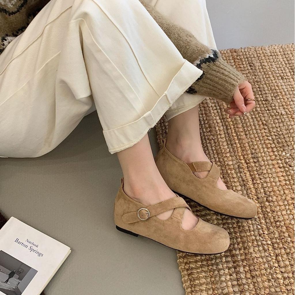 2025 autumn and winter new cross word with round head suede inner slope heel ballet Doudou women's single shoes