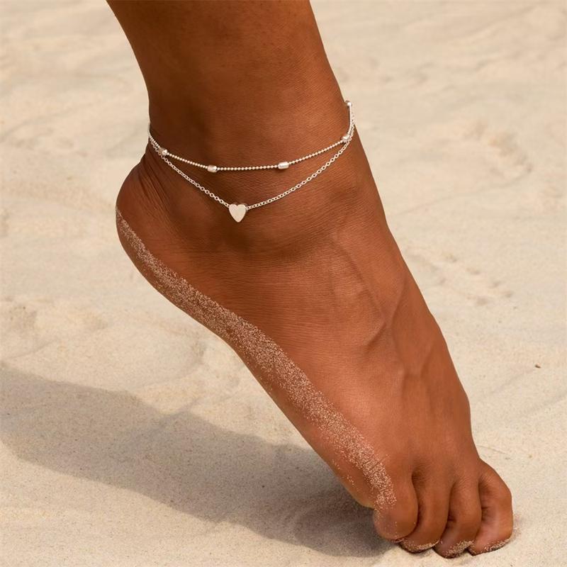 Bead Double Heart Heart Anklet Creative Retro Simple Multi-layer Alloy Anklet