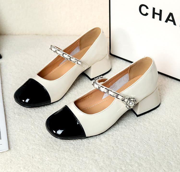 Real Sheepskin French Mary Jane Women'S Shoes Temperament Thick Heel Single Shoes Women'S High Heels Color Matching Small Leather Shoes Women