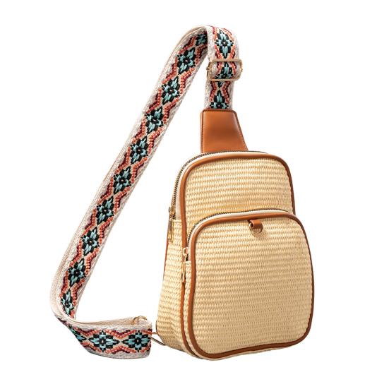 Women Crossbody Pack Straw Woven Chest Bag with Ethnic Strap Boho Shoulder Bag Crossbody Purse for Travel Vacation Street