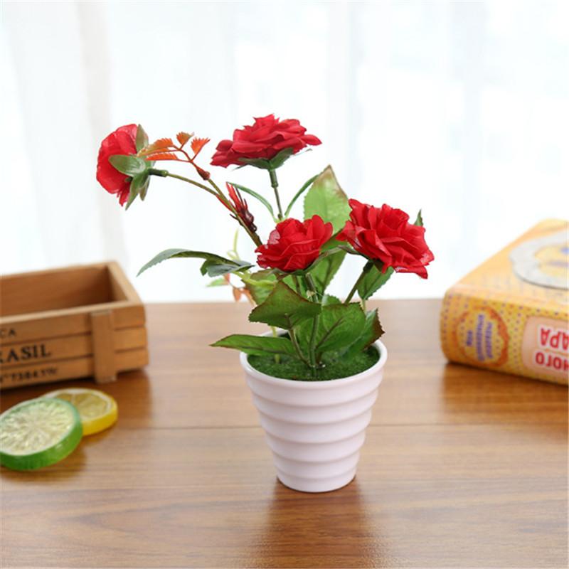 

1Set Artificial Silk Rose Flower Bonsai With White Pot Home Garden Balcony Wedding Christmas Party Decoration червоний