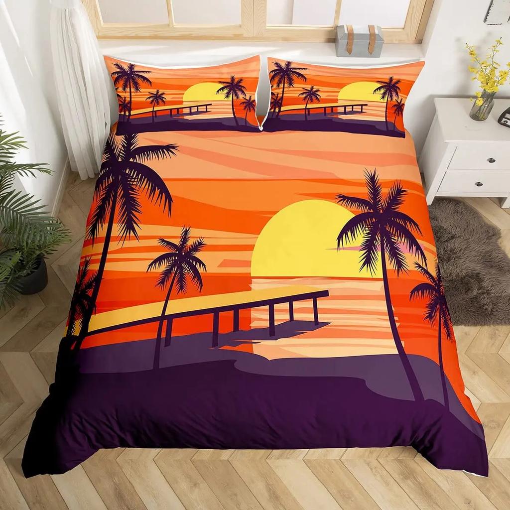 Hawaii Vacation Beach Duvet Cover Cartoon Surfing Quilt Cover Microfiber Tropical Palm Tree Starfish Ocean Landscape Bedding Set