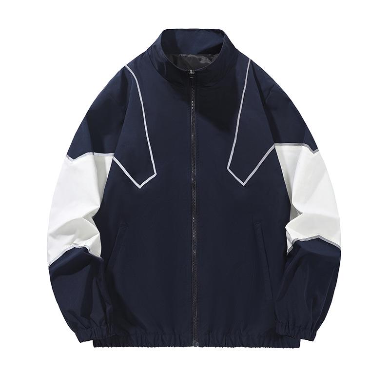 Men's Spring & Autumn Color-Block Sports Jacket with Reflective Strips - Casual Stand-Up Collar.