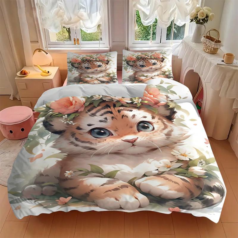 3pcs Adorable Tiger Printed Bedding Set, Soft and Comfortable Quilt Cover for Bedroom, Guest Room (1 Duvet Cover + 2 Pillowcases, Pillow Core Not