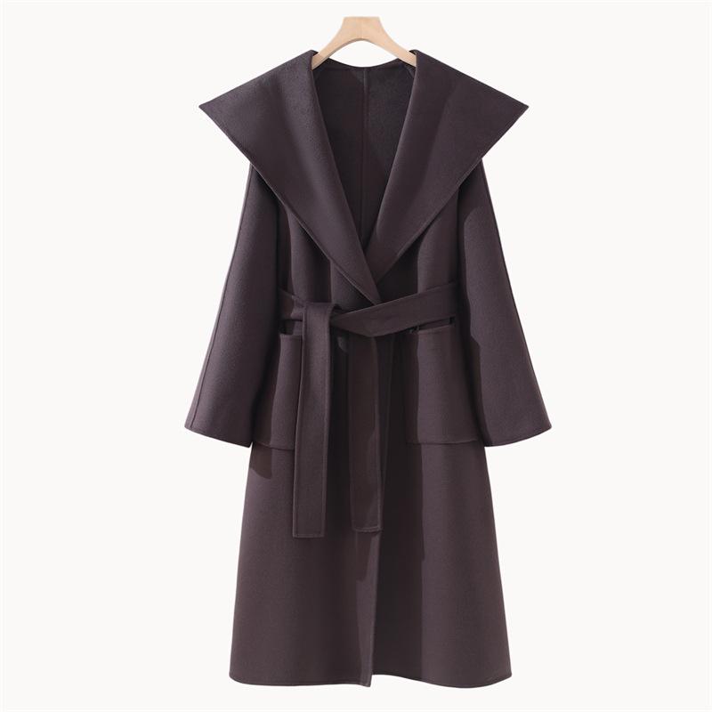 High-End Extra Long Double-Faced Wool Coat: Hooded, Tie-Waist, Light Luxury Casual Silhouette with Cashmere