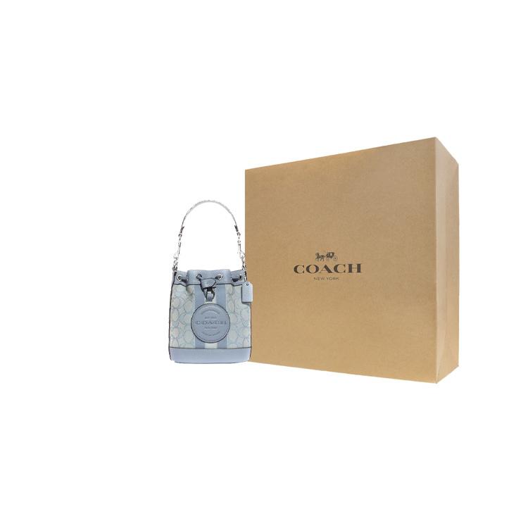 New COACH Dempsey Fabric Cow Leather Patchwork Bucket Bags Shoulder Bag Crossbody Bag Small Size Women's Lake Blue C8322-SVS9X