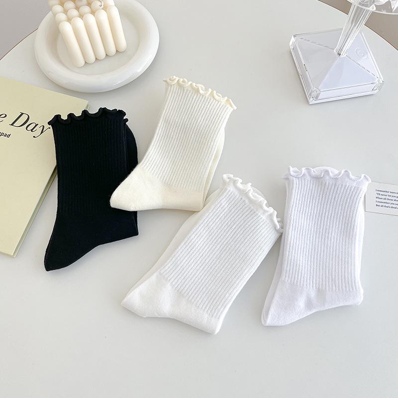 Lace Wood Ear Socks with White Vertical Stripes - Trendy Mid-Calf Roll Edge JK Socks for Spring/Summer