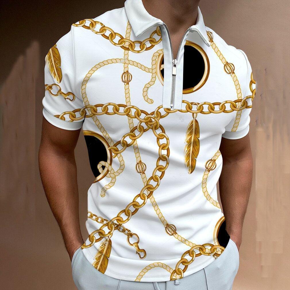 Trendy short-sleeve polo shirt, paisley print sleeves, half zip, casual fit for daily wear.