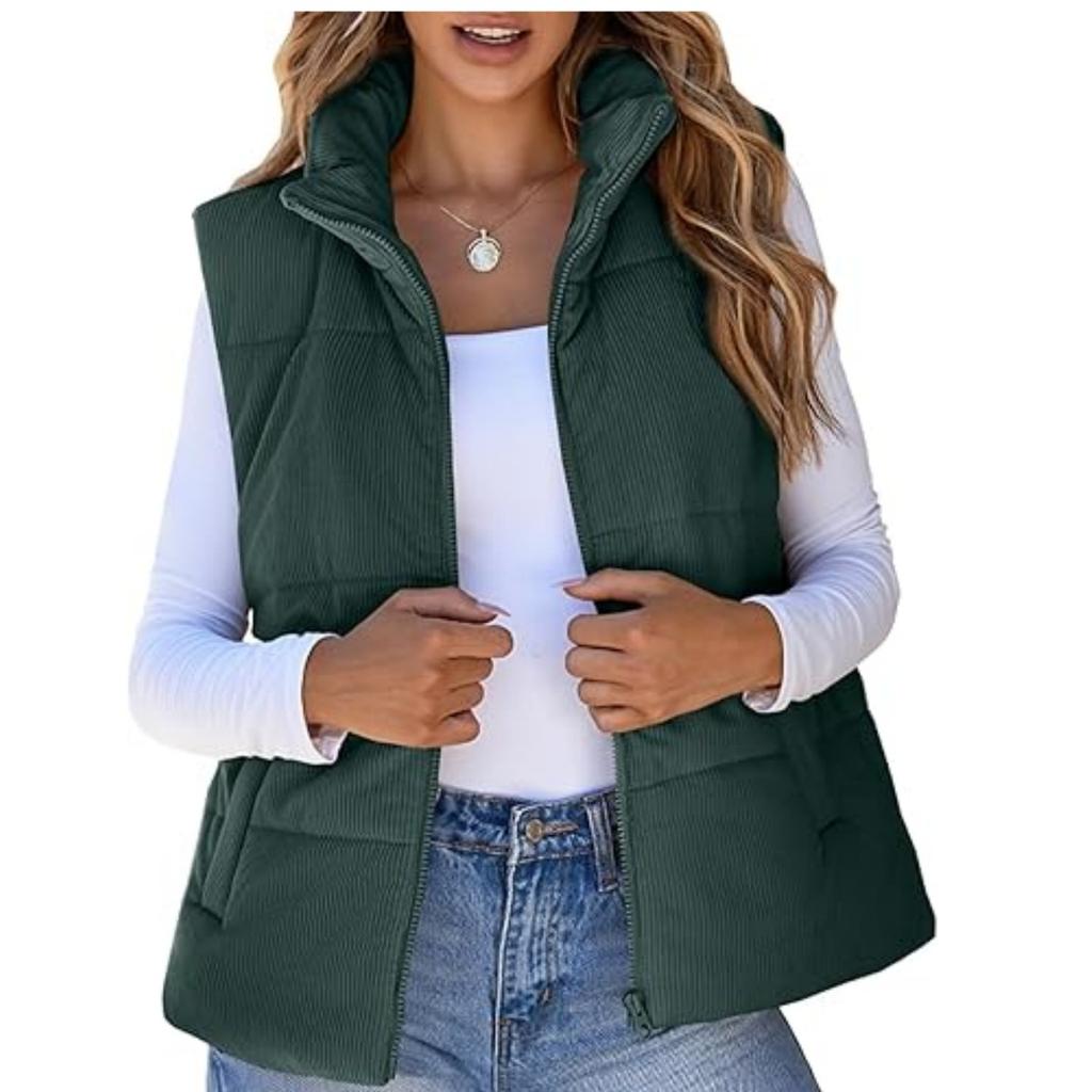 2026 Fall Winter Corduroy Quilted Vest for Women, Fashion Casual Padded Gilet with Pockets and Front Zipper