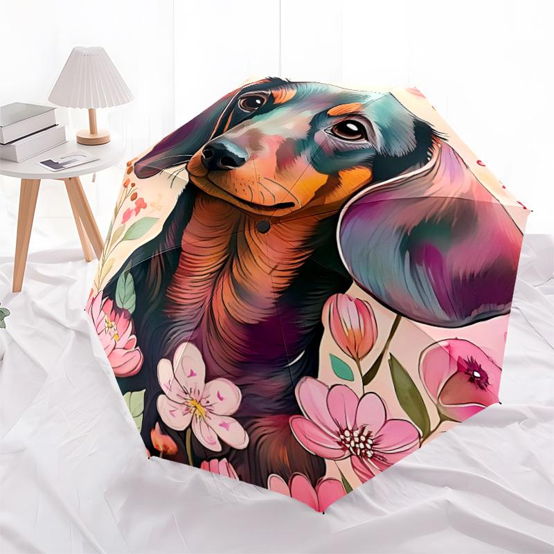 1pc Dachshund Floral Automatic Folding Umbrella - Windproof Compact Travel Umbrella with Auto Open/Close, 8-Rib Heavy-Duty Shaft for Women/Men A005