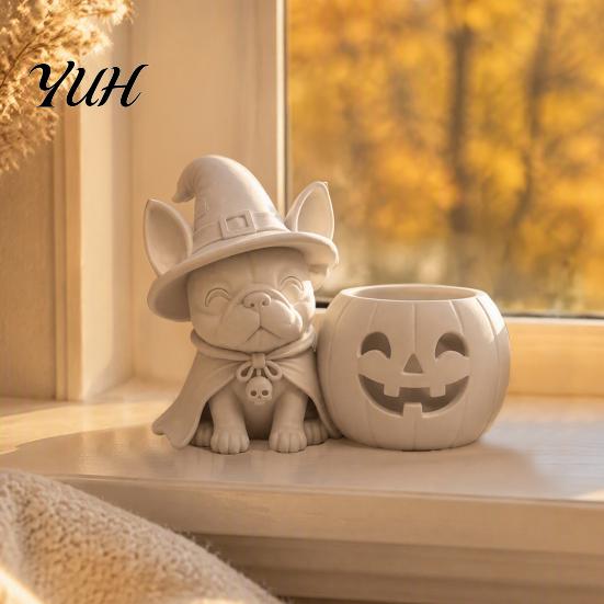 Halloween Party Table Decor French Bulldog Witch Statue, 3D Printed Pumpkin Candle Holder, Desktop Decoration Cute Dog Figurine Tabletop for