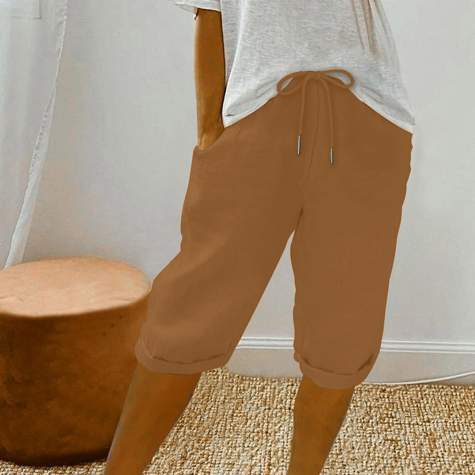 

Лляні шорти для жінок із завищеною талією, повсякденні напівштани на шнурках і кишенями XL верблюд