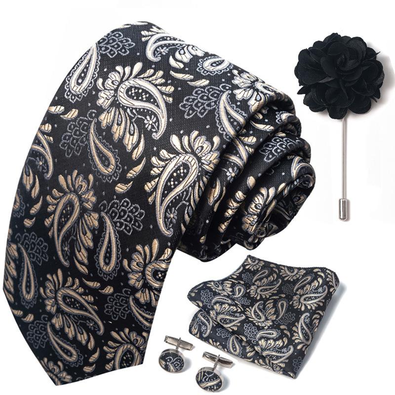 Men 8cm Wide Silk Wed Neck Tie Cufflinks Brooch Pin Handkerchief Business Wedding Party Suits Groom Accessories Gift
