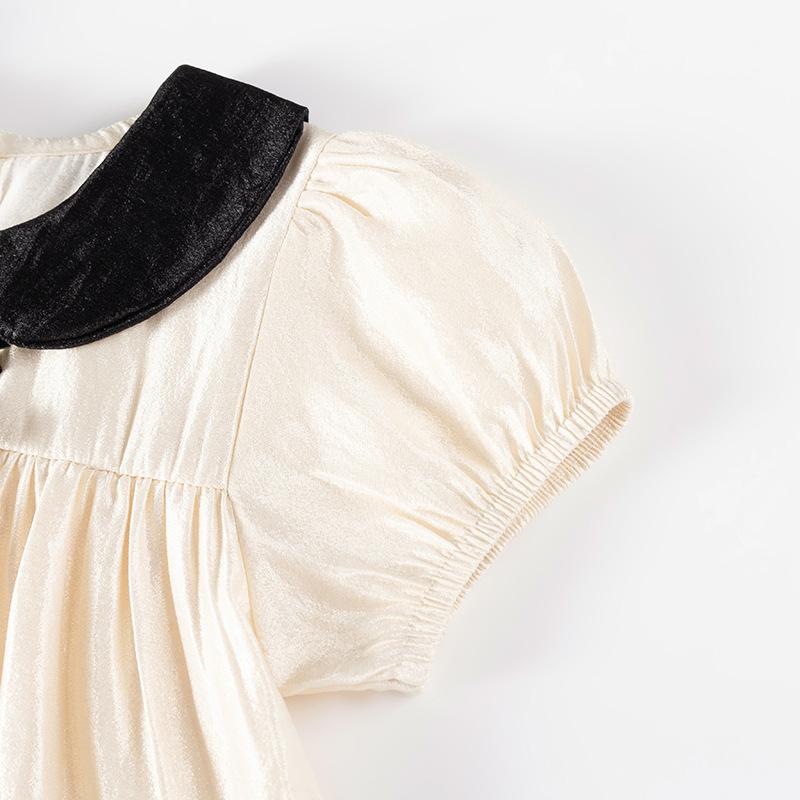 Niedliche Kinderkleidung Kinder Beige Peter Pan Kragen Kleid Sommer Puffärmel Mädchen Modisches Prinzessin Auftrittskleid