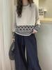 Women's Retro Jacquard Pure Wool Sweater - Loose, Thickened, Round Neck, Long Sleeve Base Layer for Autumn and Winter