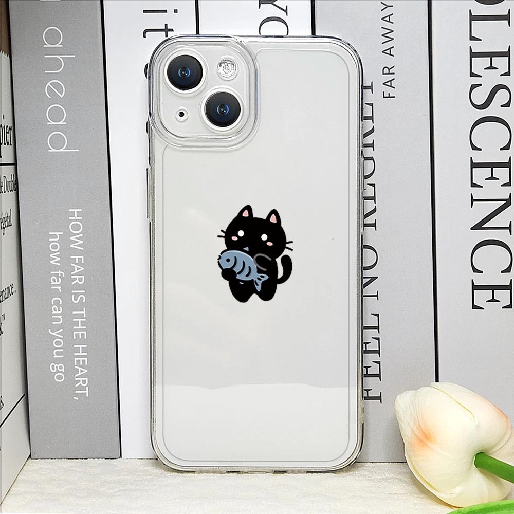 Funda de Teléfono Pareja Gato Pez Dibujo Animado Divertido para IPhone 16 15 14 11 12 13 Pro Max 7 8 Plus Mini XS XR Transparente Blanda Fundas
