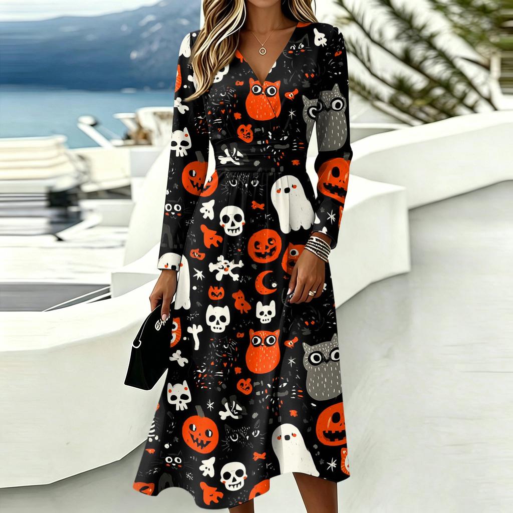 Women's Halloween Print V-Neck Long Sleeve Casual Dress with Pockets