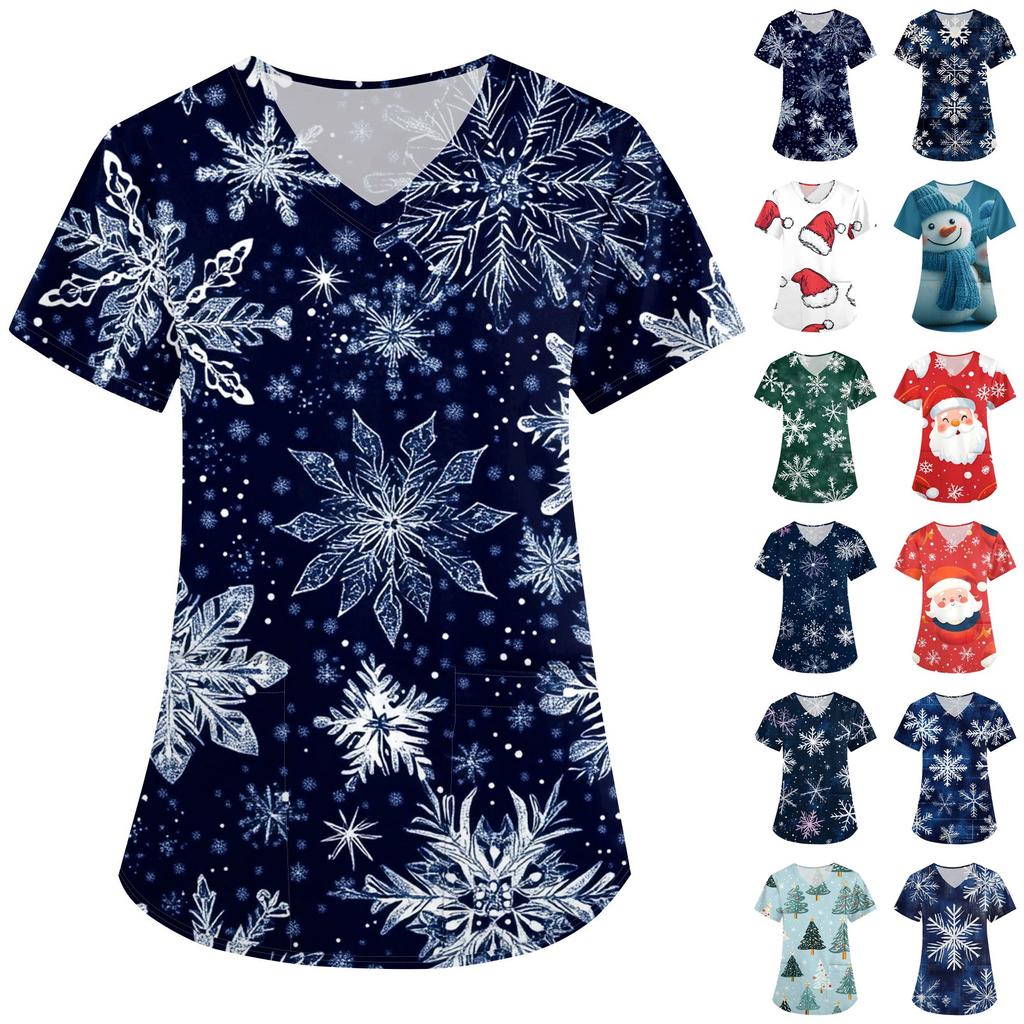 Modischer Overall mit V-Ausschnitt und kurzen Ärmeln für Damen mit Taschen und weihnachtlichem Aufdruck