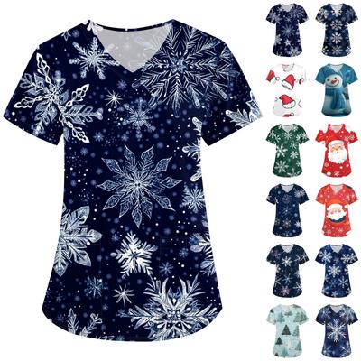 Women's Fashion V-Neck Short Sleeve Overalls With Pockets Christmas Printed Top