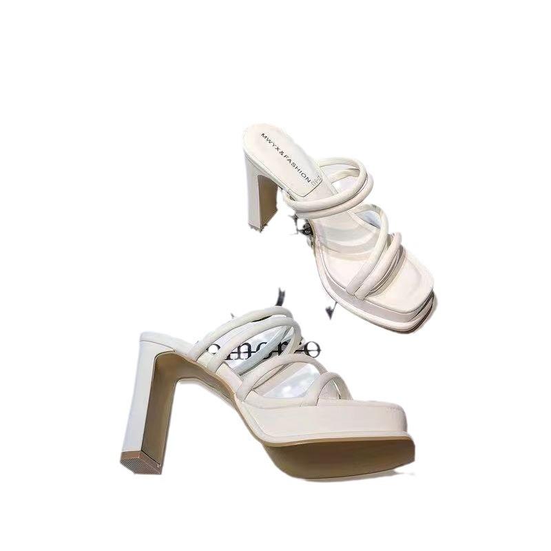 Slippers women's outer wear fashion 2024 new summer square head high heels women's stiletto fairy wind one-word cool slippers