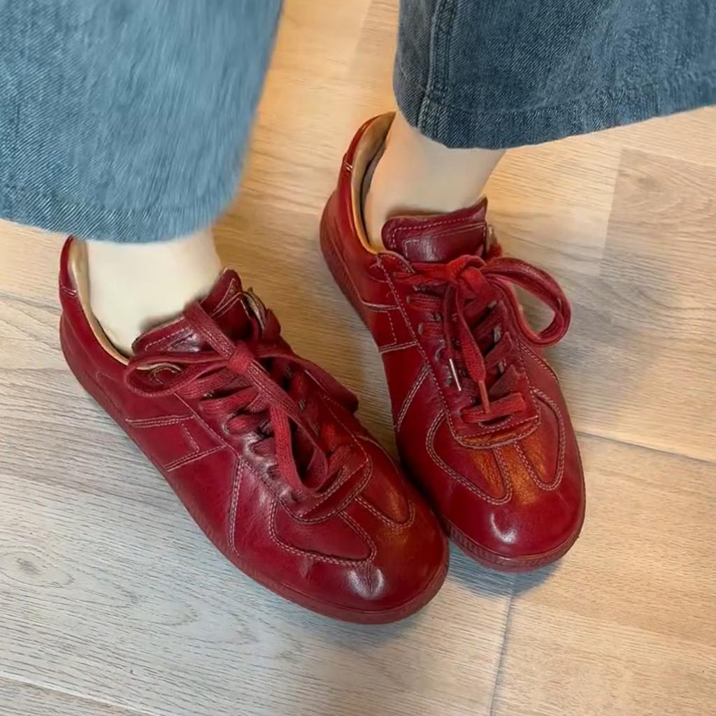 Sheepskin Version~ Retro Temperament Leather Soft-soled Women's Board Shoes Lace-up Red Lace-up Casual Sports Shoes