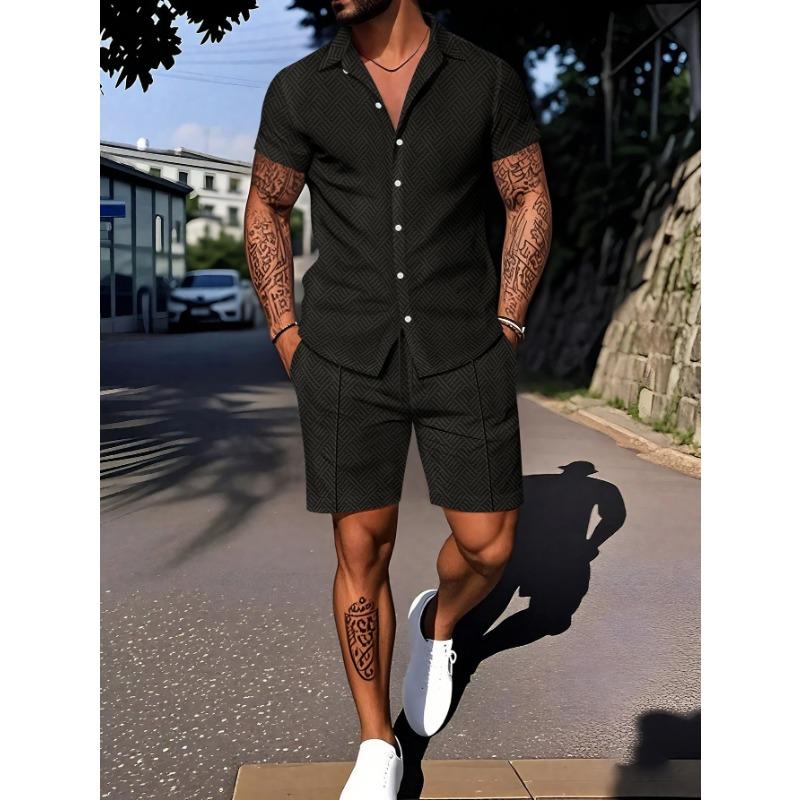 Mens Geometric Print Contrast Collar Short Sleeve Button Up Shirt And Drawstring Shorts 2 Piece Casual Set