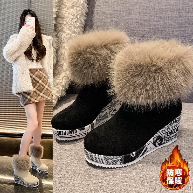 Fashion Women Snow Boots Wedges Plush Warm Anti Slip Comfortable Ankle Boots Fluffy Round Toe Platform Cotton Boots Winter Botas Mujer