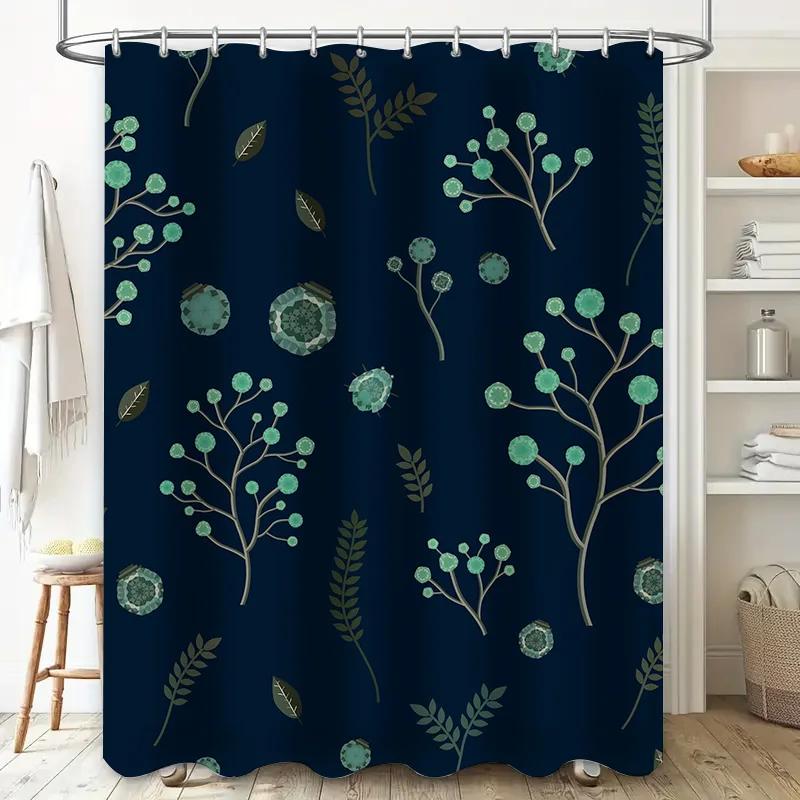 Luxury Blue Bath Shower Curtain Decorative Forest Pattern With Leaves Berries Waterproof Fabric For Bathroom Decoration