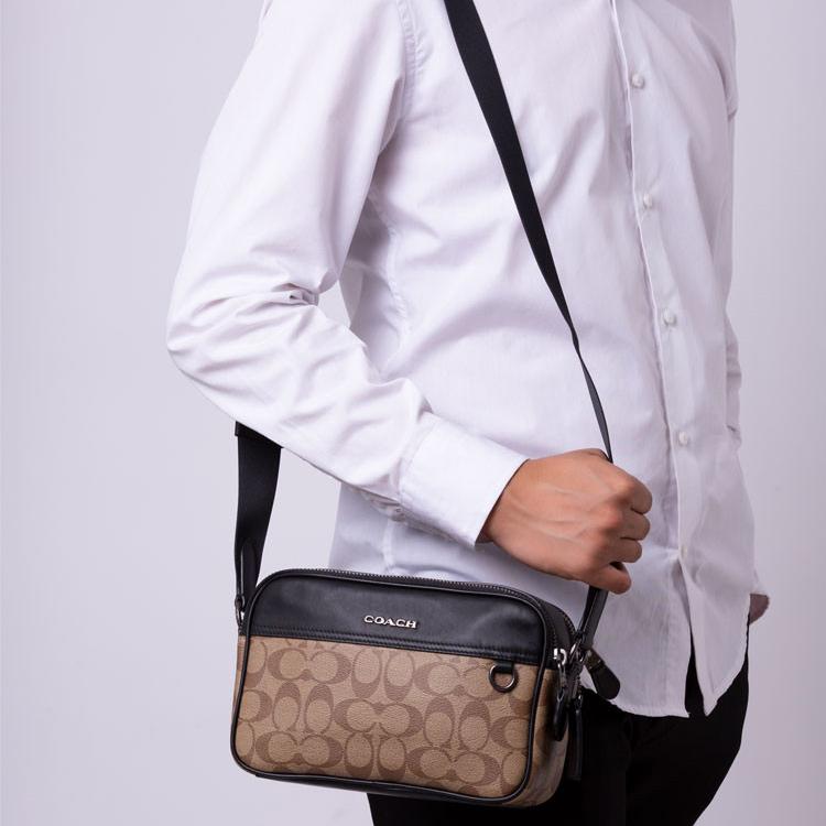 Coach Graham Classic Monogram Zip Closure PVC And Leather Tote Shoulder Crossbody Bag Medium Men bags Khaki Black C4149-QBKHA