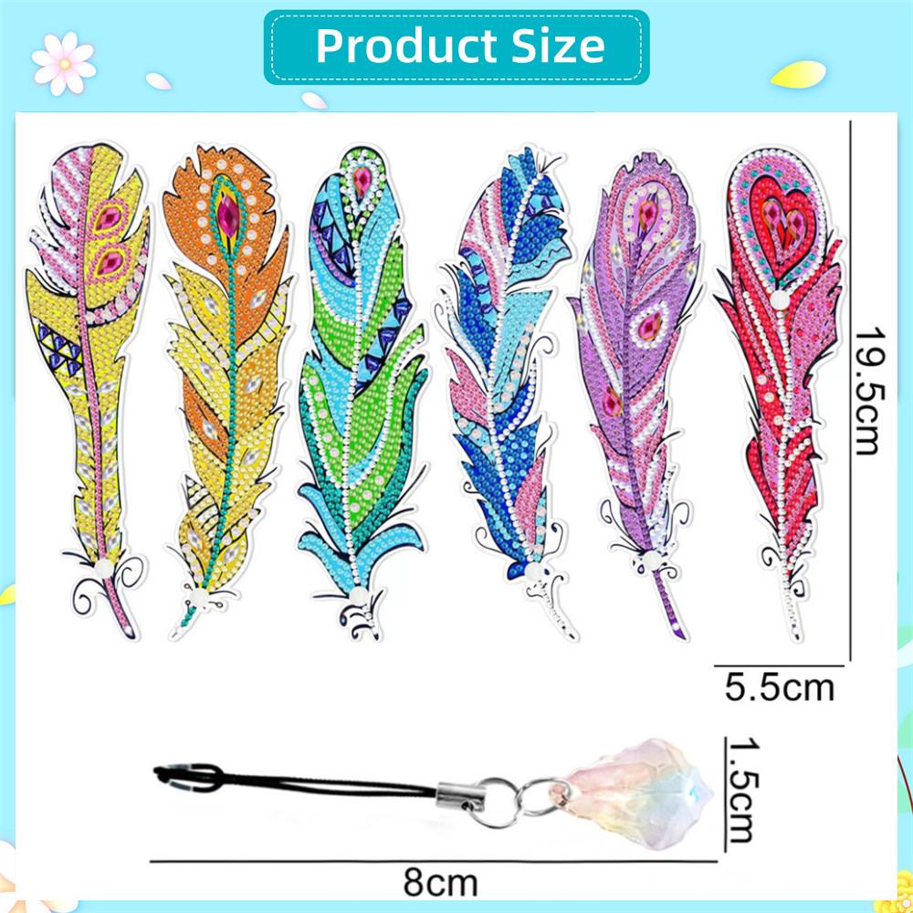 R-MSQ015-037 New Arrival 6pcs Feather Diamond Painting Bookmarks Resinstone Bookmark Pendant