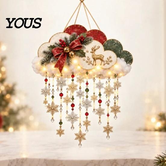 Winter Party Hanging Decor Vintage Lighted Christmas Snowfall Cloud, Cascading Snowflake Light with Reindeer/Angel, Holiday Gift for Home LED Lantern