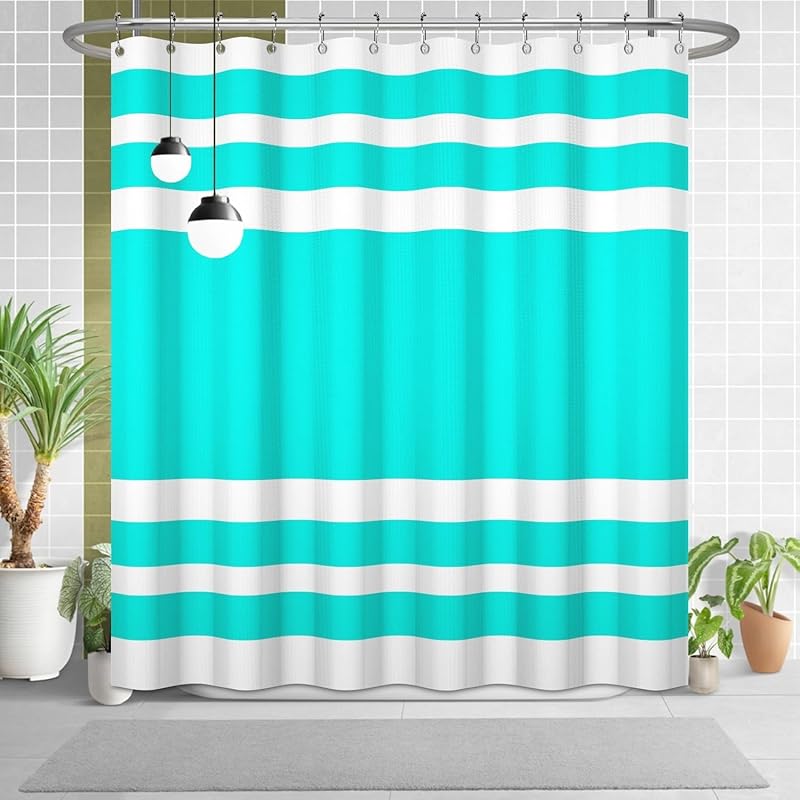 White Navy Blue Shower Curtain for Bathroom 72x72inches Boho Navy Blue and White Striped Waffle Shower Curtain Set with Hooks Bohemia Geometric