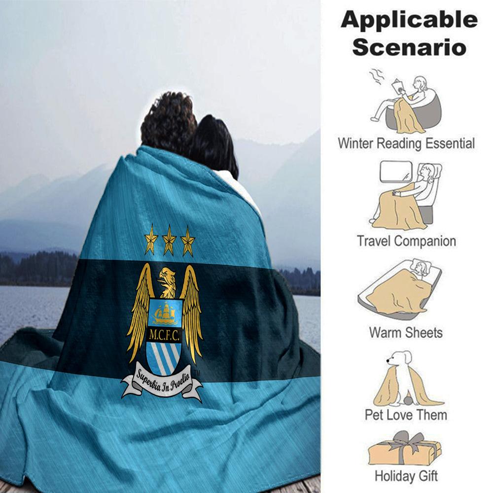 Manchester City Crest Flannel Blanket, Soft Polyester, Modern Design, All-Season for Camping, Travel, Gifts for holidays or birthdays