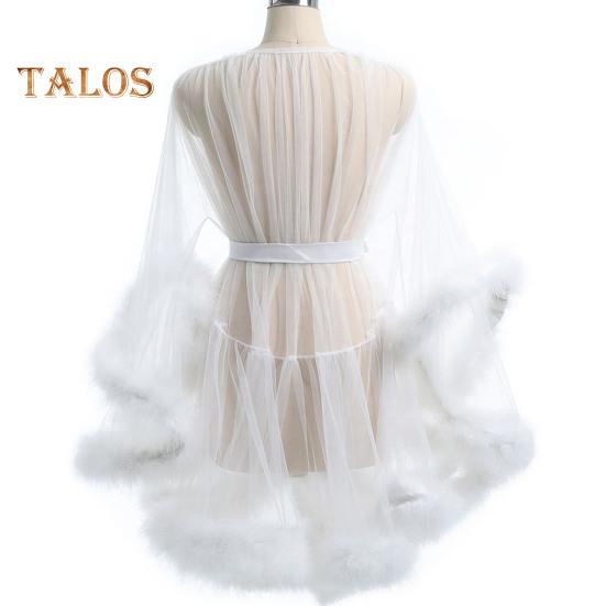 Lady Nightgown Plush Trim Ultra Thin See-through Mesh Ruffle with Adjustable Waist Tie Solid Color Pleated Slutty Pajama Party Wear Sleepwear