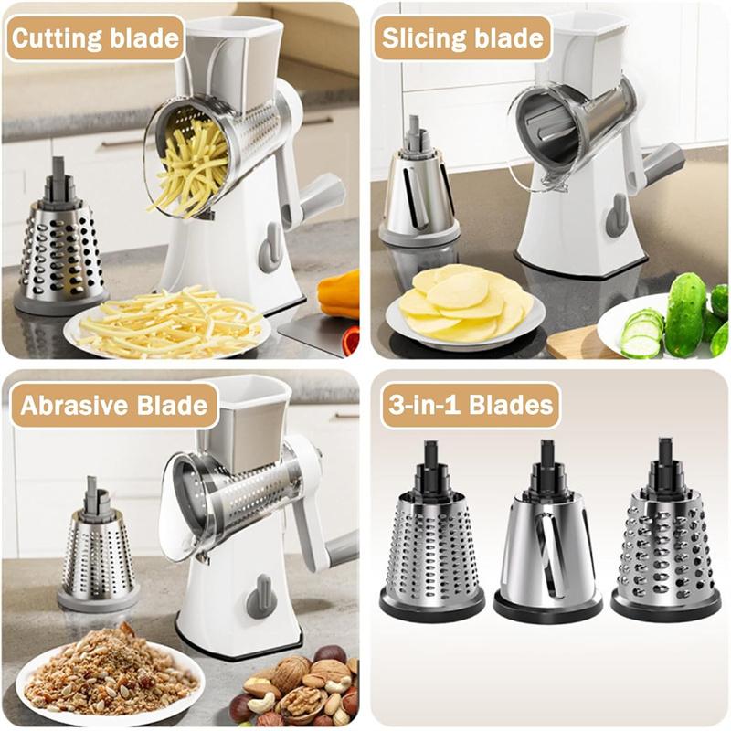 Multi-Function Rotary Cutter, Veggie Slicer, Cheese Shredder, 3-In-1 Interchangeable Blades Rotary Grinder With Hand Crank
