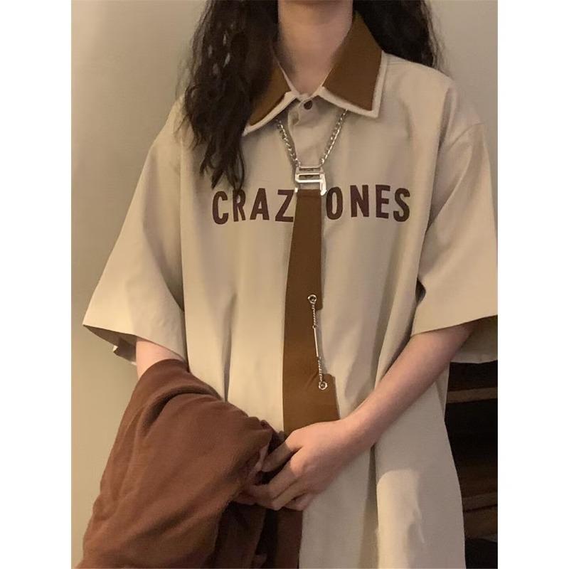 Color Blocked Lapel Tie Women's Short Sleeved Shirt American Vintage College Style Ladies Blouses Loose Casual Tops