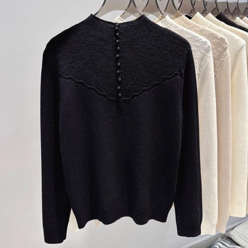 Spot Velvet Semi High Neck Base Sweater for Women's Autumn and Winter Loose Knit Top with Lace Integrated Velvet Inner Layer Sweater