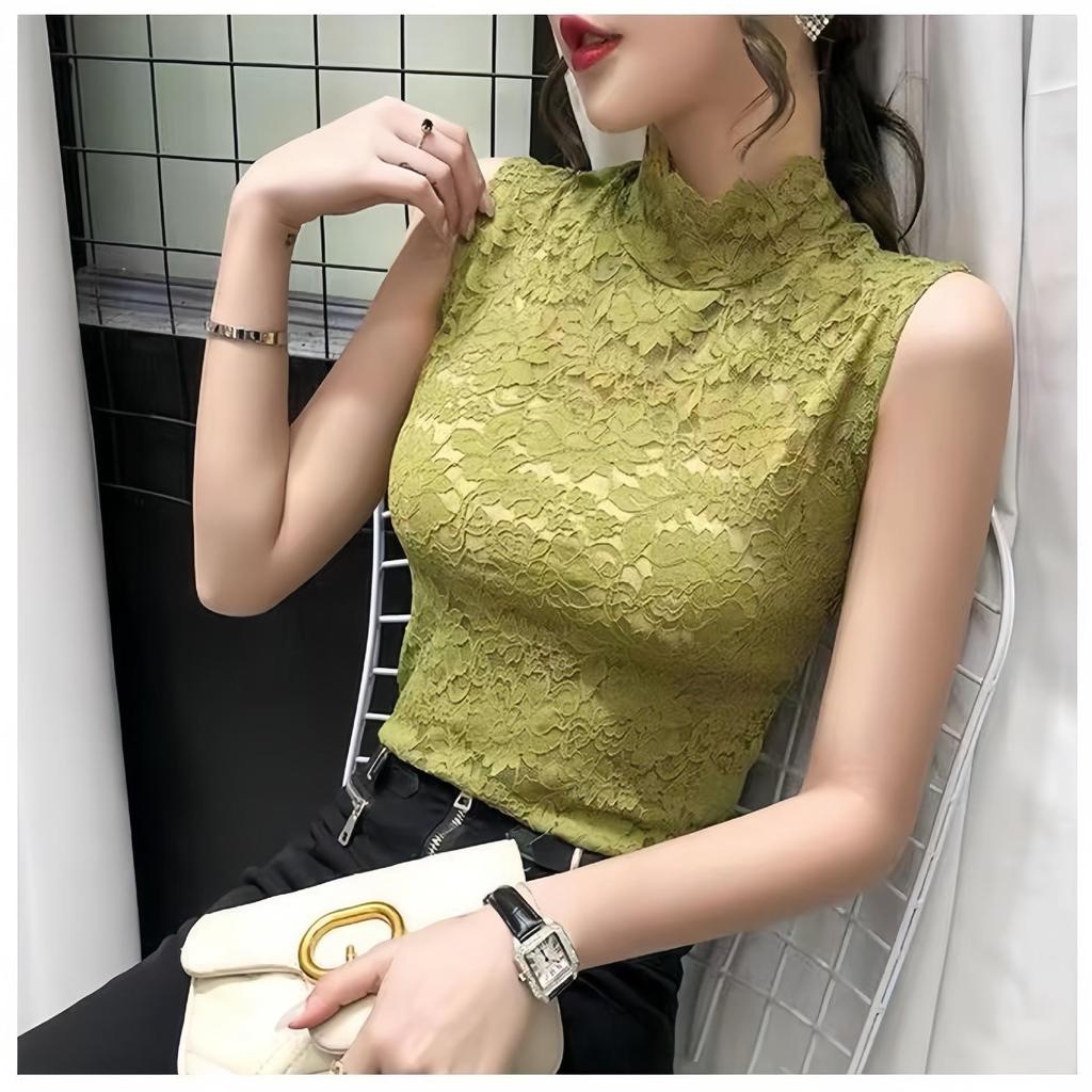 Women's Sleeveless High Collar Lace Shirt with Faux Collar