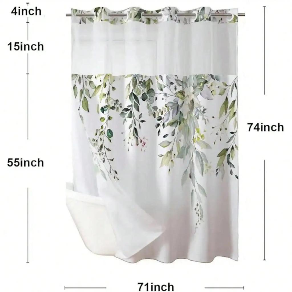 Plants Pattern with Hook Waterproof Shower Curtain, Removable With , Perfect For Bathroom Decor In Winter,   Single-layer Design