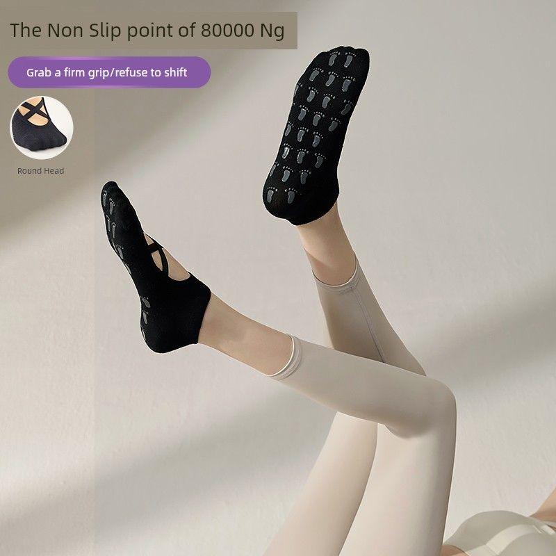 

Summer Yoga Socks Non Slip Professional Female Five Finger Pilates Special Socks Long Tube Indoor Sports Training Thin [1 double Non Slip grip] Cross round head_Black
