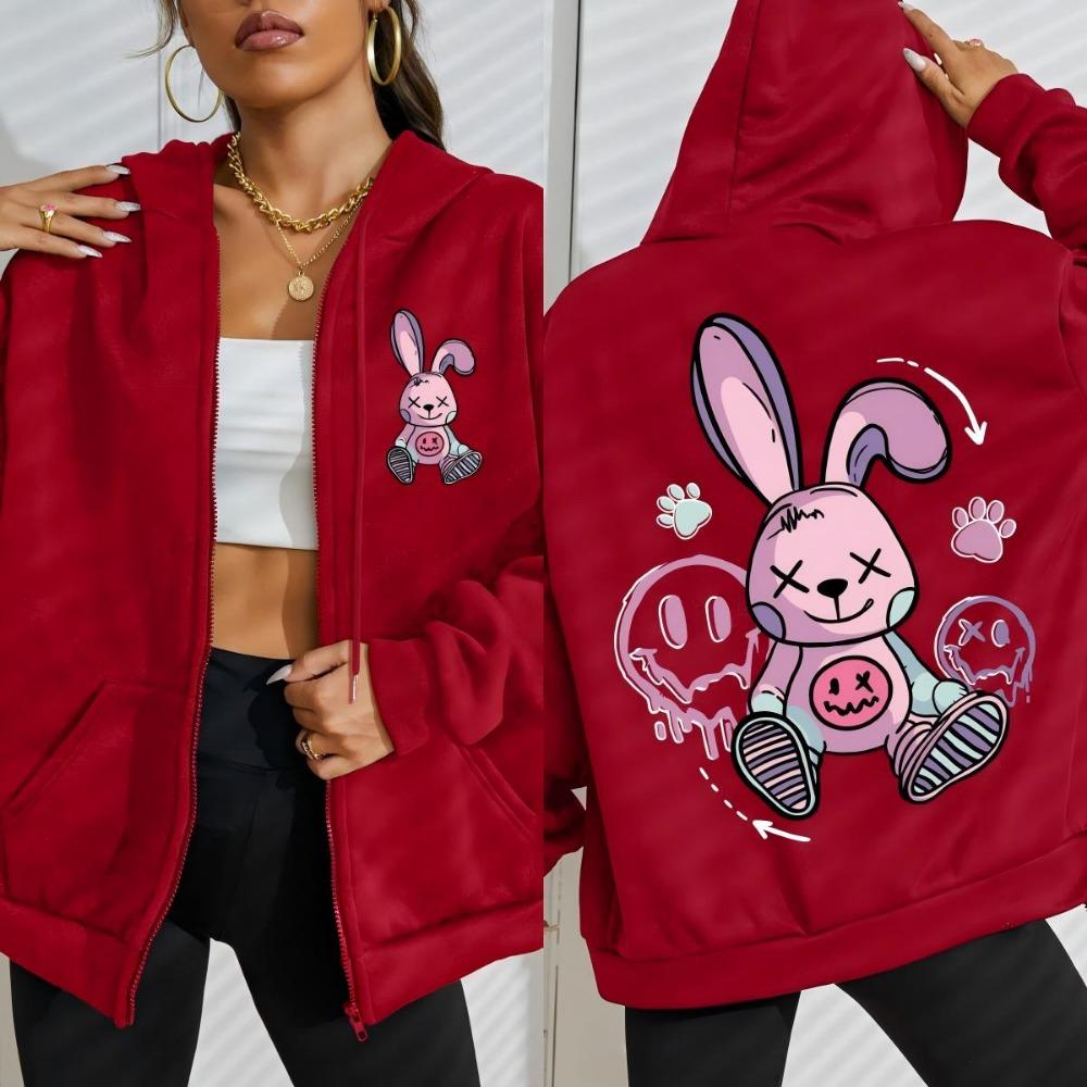 Cute Tags Cartoon Footprints Rabbit Print Women Zipper Hoody Hoodies Autumn Casual Zip-Up Clothes Pocket Hoodie