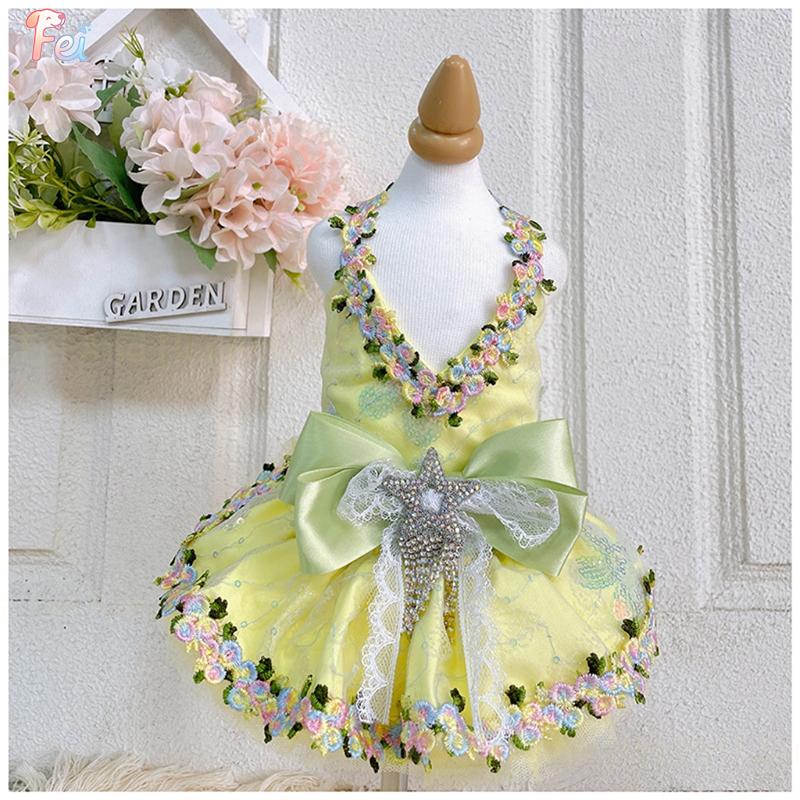 Stylish Yellow Pet Dog Princess Dress, Handmade Floral Bow Outfit for Small Dogs, Premium Apparel for Pet Events & Photoshoots