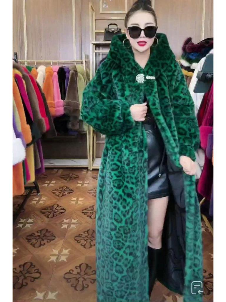Extra Long Leopard Print Faux Fur Coat - Plus Size Women's Winter Cotton Coat