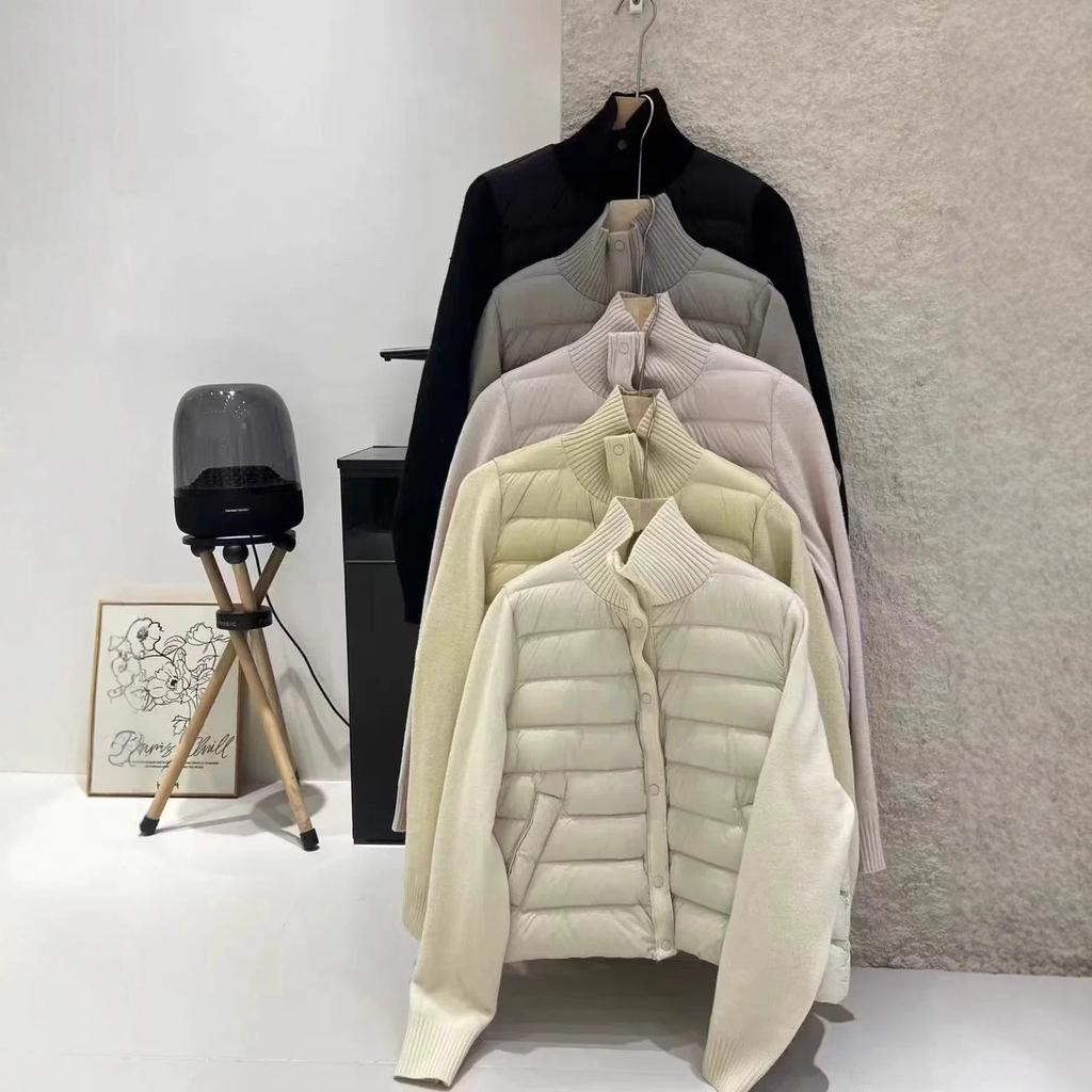Winter new knitted sleeves down jacket women's short ribs stand-up collar white duck down small coat