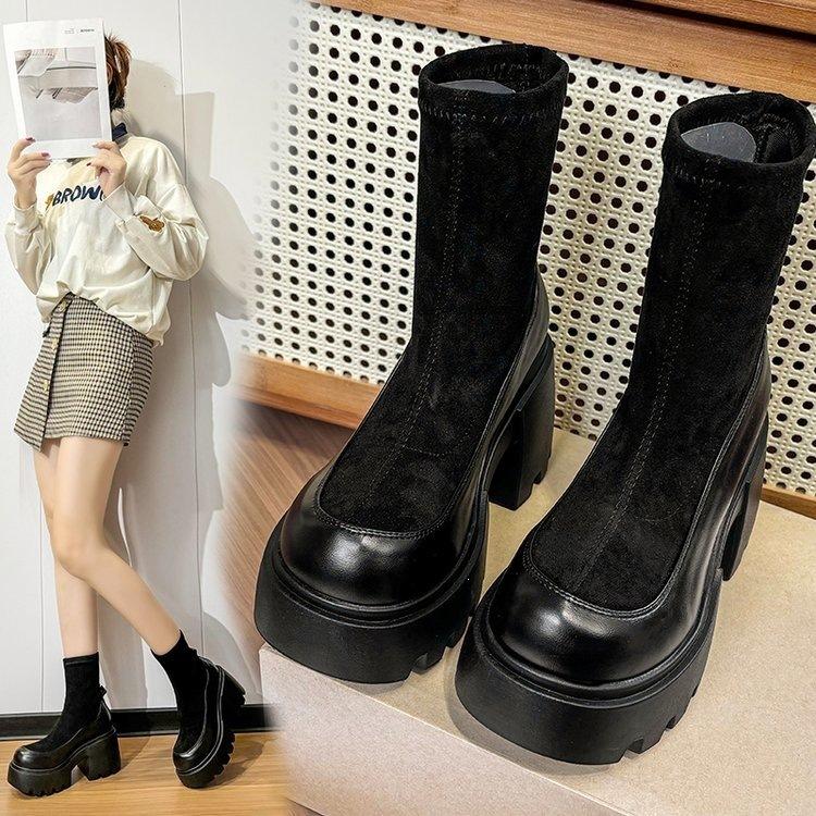 Short Boots Spring New Retro Fashion Small Thick-soled Heightening Martin Boots Versatile Elastic Thin Boots