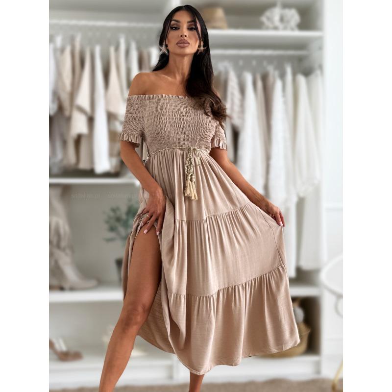 New, summer one-word shoulder solid color short-sleeved waist strap splicing dress women S хаки