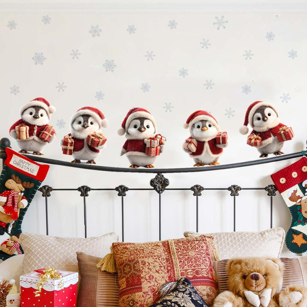 Warm and Cozy Christmas Penguin Wall Sticker with Festive Elements. Self-adhesive and Seamless Sticker.