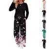 Women's Casual Printed Long Sleeve Round Neck Loose Fit Pajama Set with Pockets for Home Wear